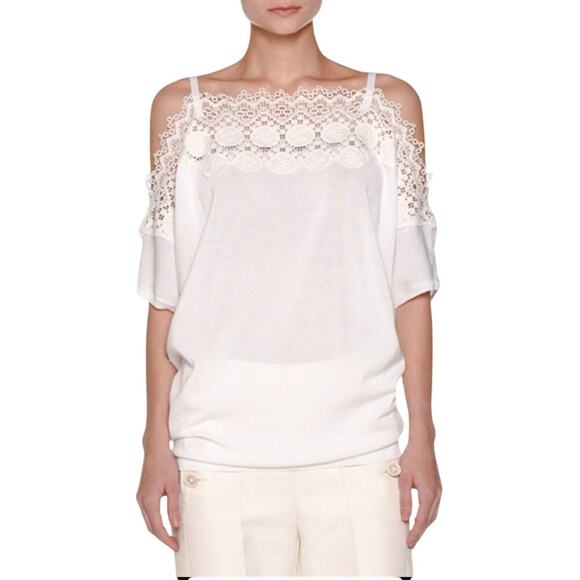 Agnona Tops - Women's Agnona Size 40 White Cold Shoulder Lace Top Made in Italy Cotton $1690